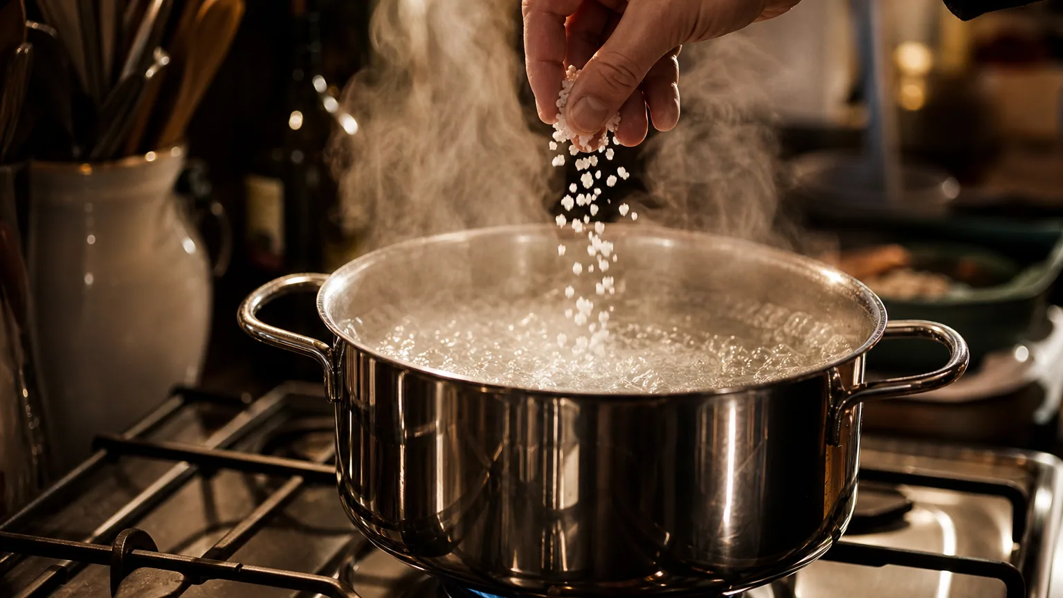 Casserole d'eau bouillonnante sur une cuisinière, une main qui verse du gros sel, vapeur visible sous une lumière chaude de cuisine.