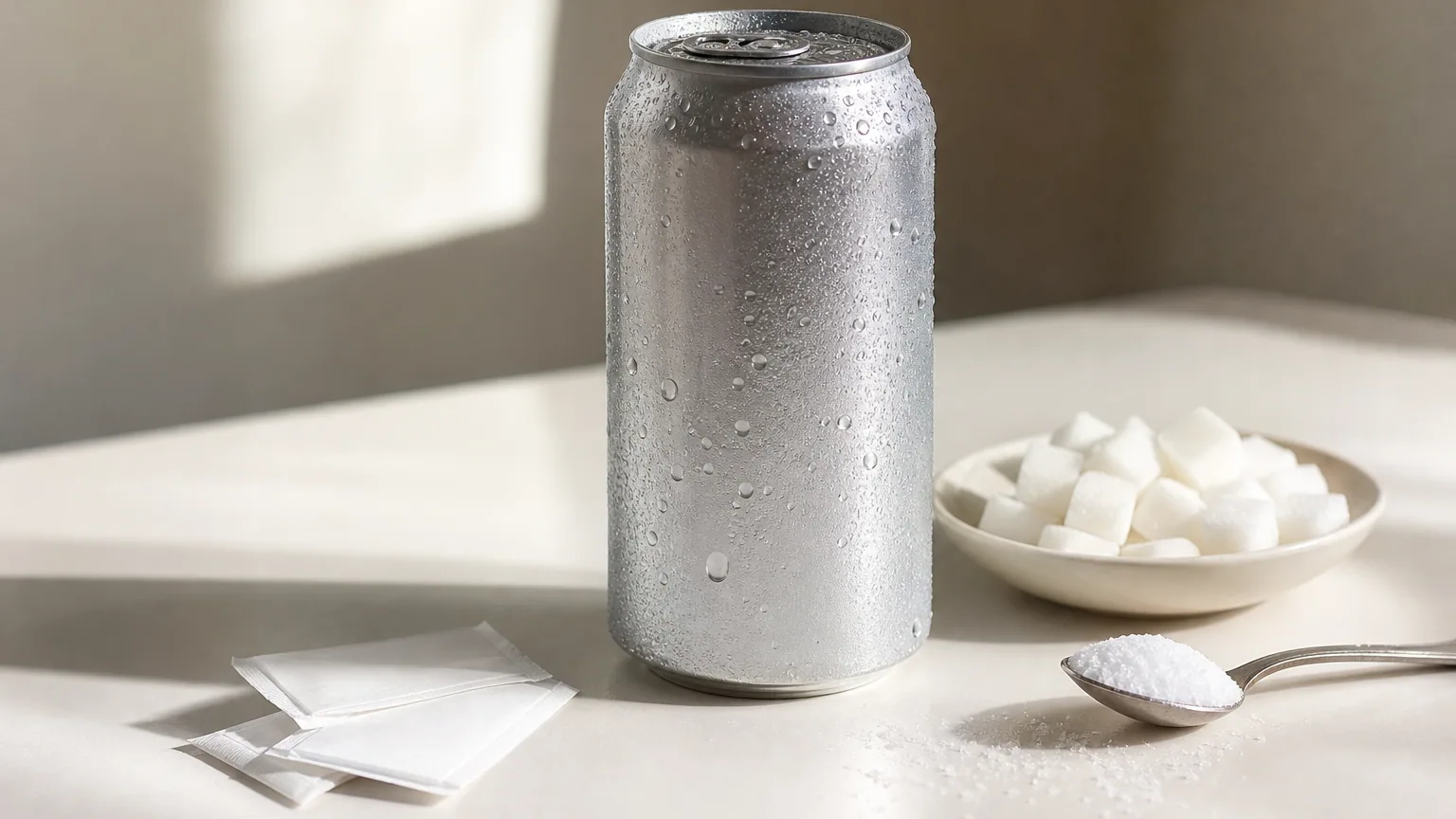 Canette de soda sans sucre, sachets d'édulcorant et morceaux de sucre posés côte à côte sur une table.