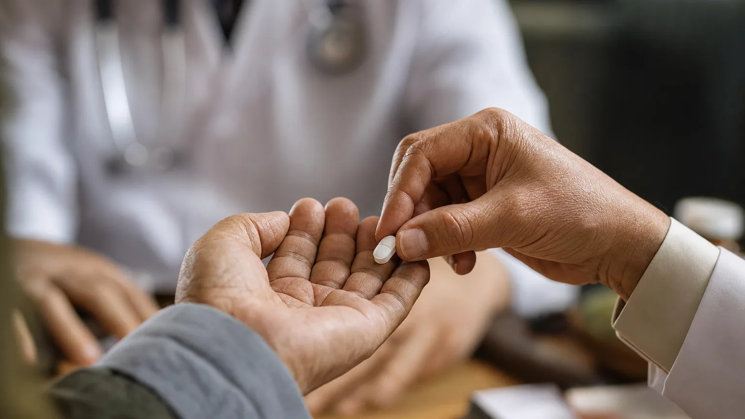 Une main tendant un comprimé blanc à un patient dans un cabinet médical
