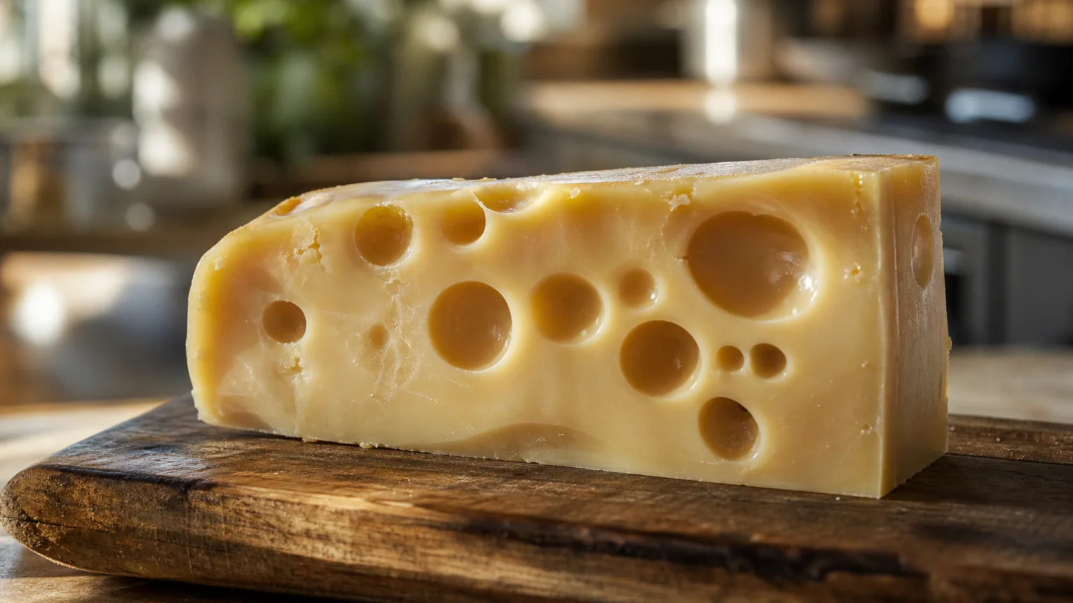 Tranche d'emmental posée sur une planche en bois, trous ronds bien visibles, lumière naturelle de cuisine.