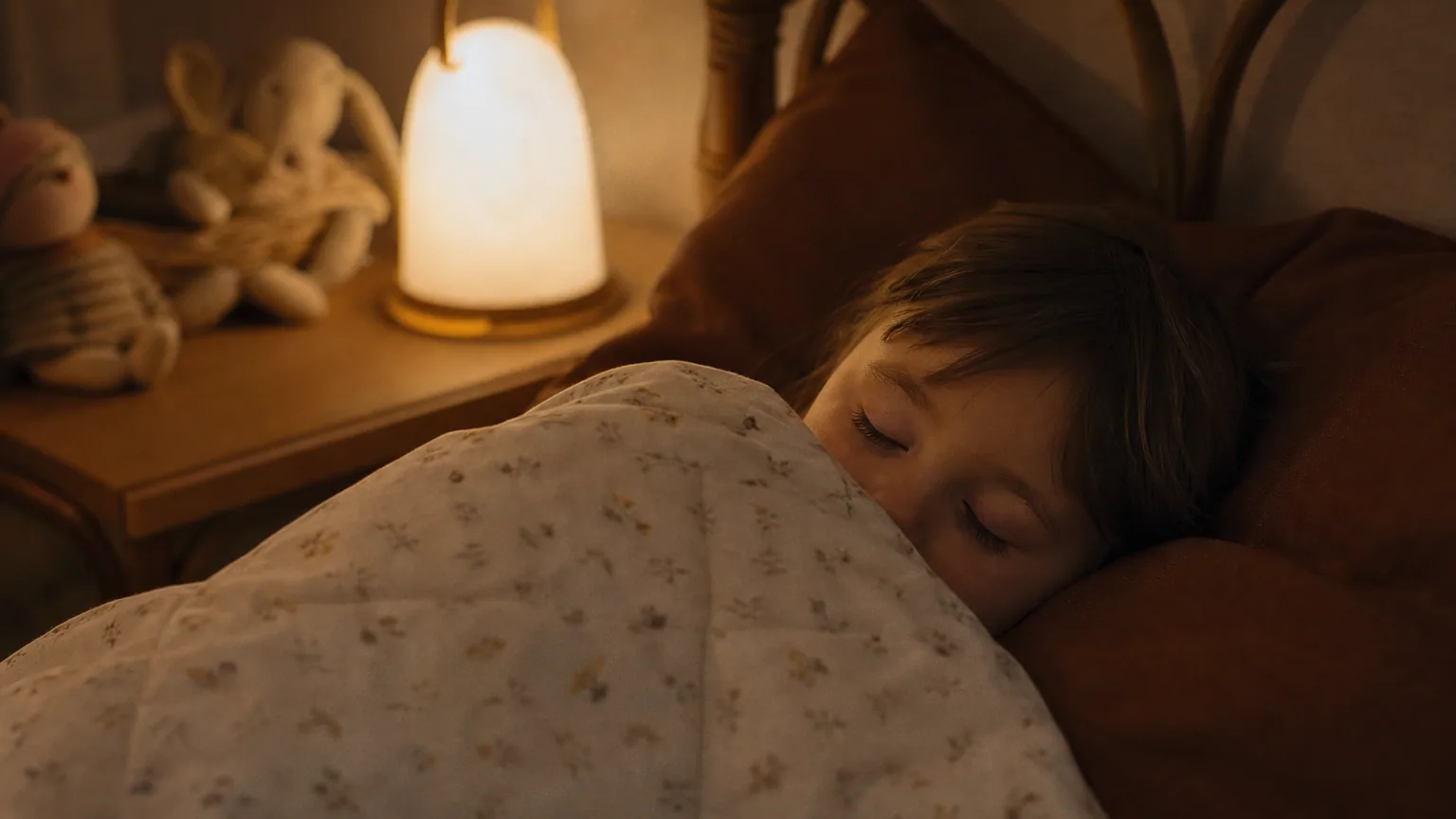 Enfant endormi paisiblement dans son lit la nuit, lumière douce de veilleuse, couette remontée jusqu'au menton.
