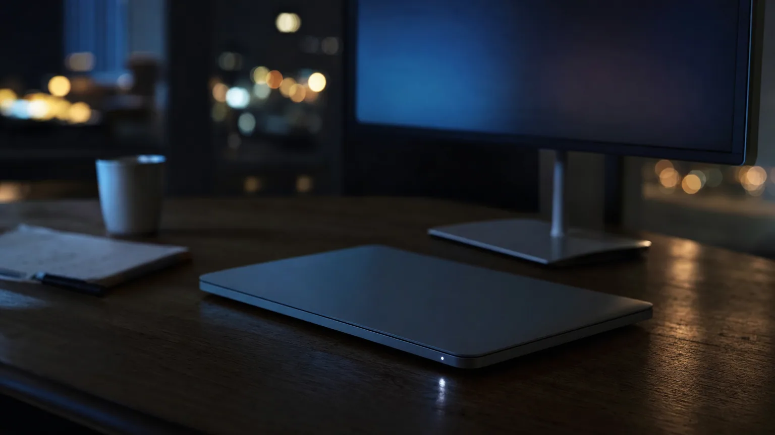 Un ordinateur portable fermé en veille dans un bureau plongé dans l'obscurité, sa diode lumineuse allumée.