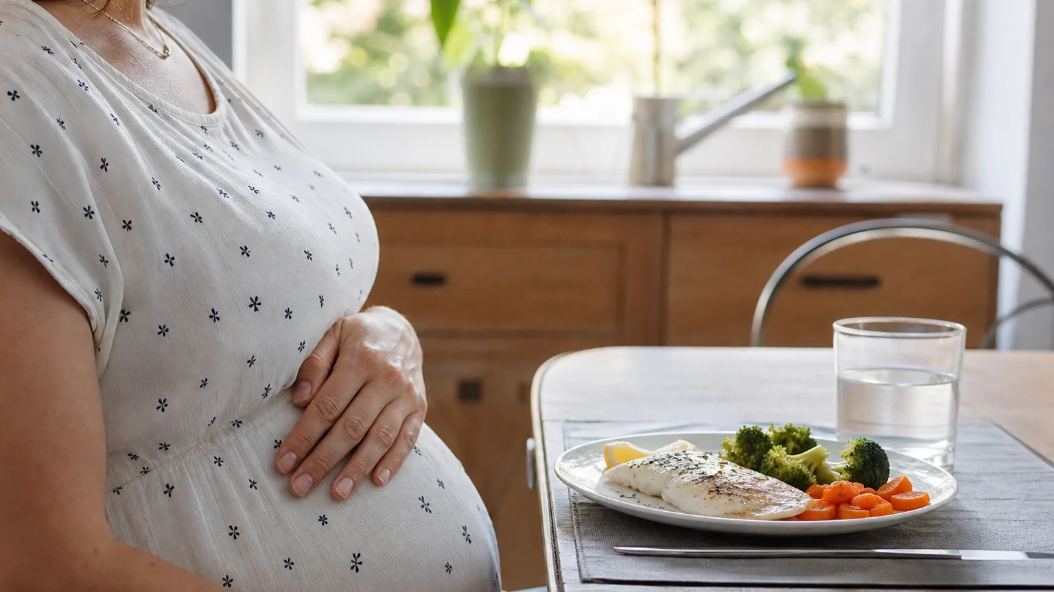 Femme enceinte assise à une table de cuisine devant une assiette de poisson cuit au four accompagné de légumes.