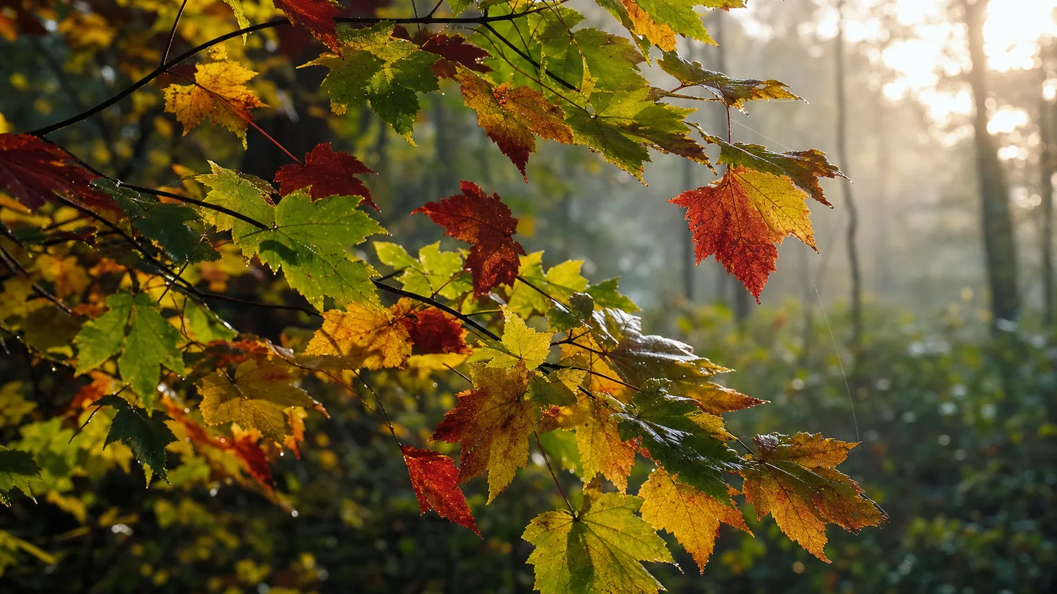 Branche d'érable en automne portant des feuilles vertes, jaunes et rouges, éclairée à contre-jour dans une forêt brumeuse.