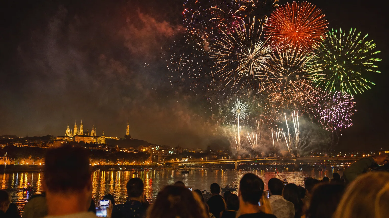 Grand feu d'artifice multicolore illuminant le ciel nocturne au-dessus d'une ville, gerbes d'étincelles rouges, vertes, bleues et dorées.
