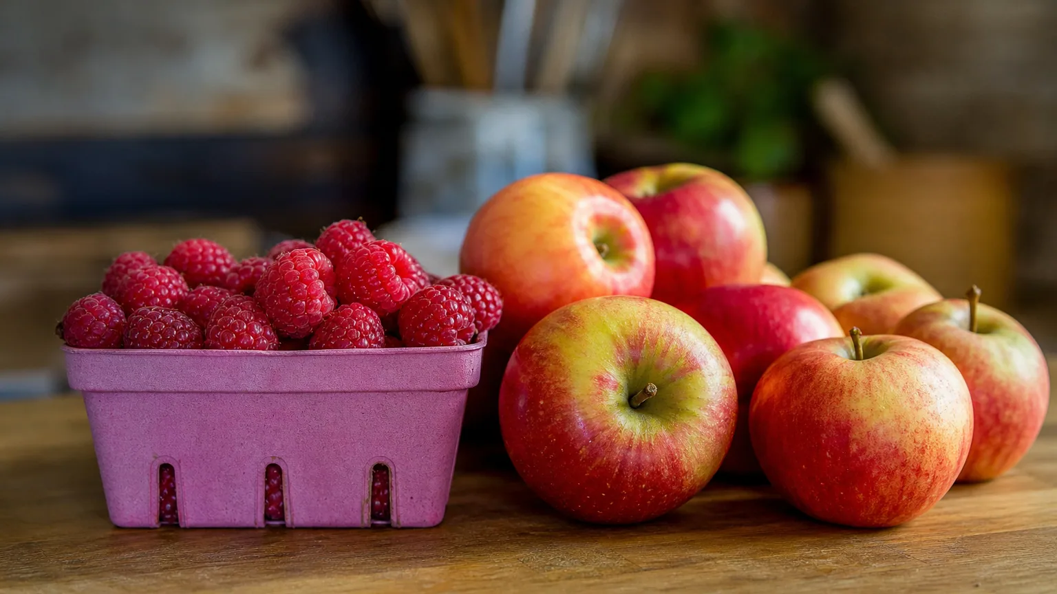 Barquette de framboises fraîches à côté de pommes entières sur un plan de travail, lumière naturelle de cuisine.