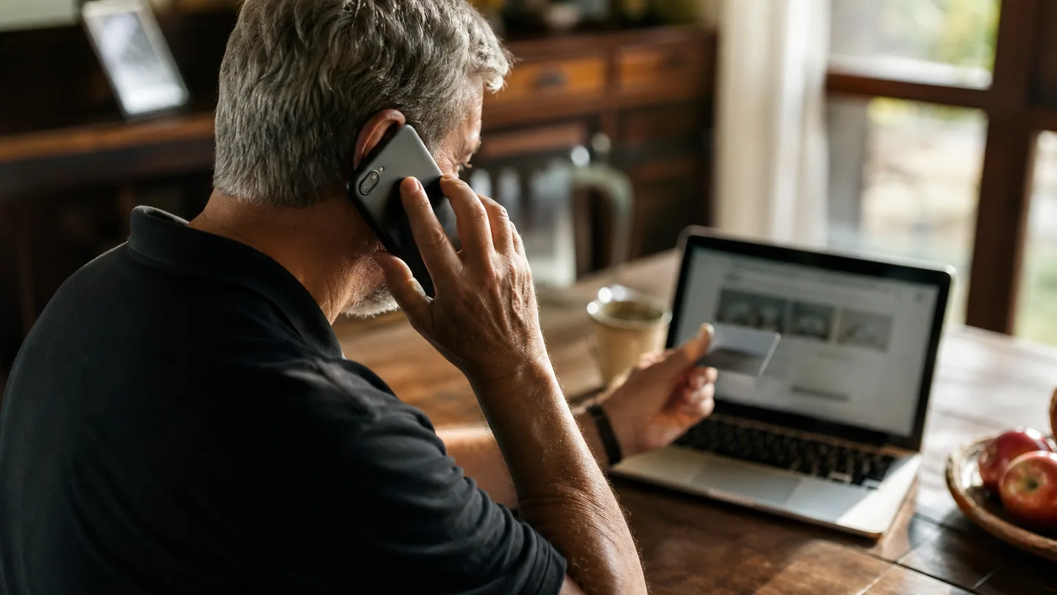 Homme aux cheveux gris au téléphone, une carte bancaire à la main devant un ordinateur portable ouvert sur une table.