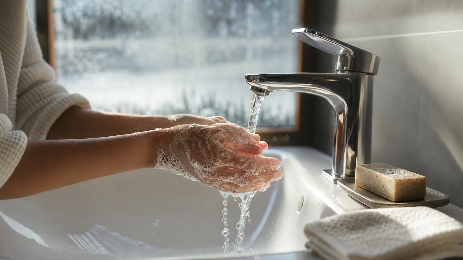 Mains savonneuses lavées sous le robinet d'un lavabo de salle de bains, en hiver, avec une serviette propre posée à côté.