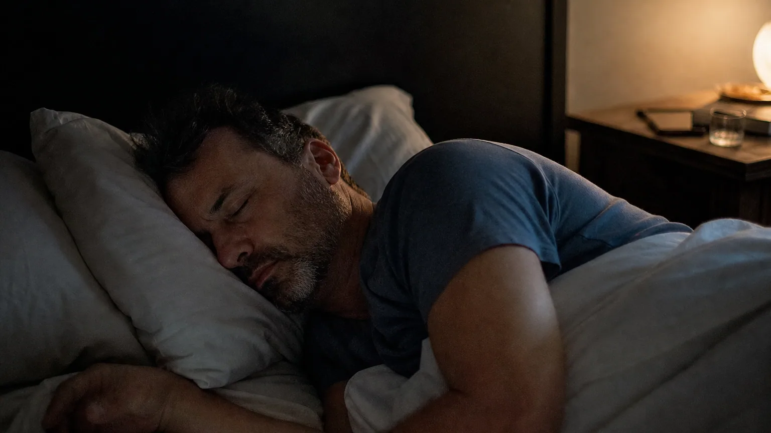 Personne endormie dans un lit, mâchoire légèrement crispée, lumière tamisée de nuit dans une chambre.