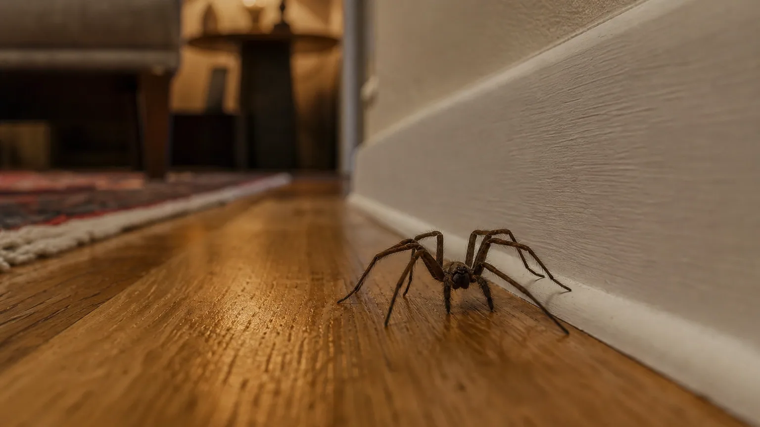 Grosse araignée brune aux longues pattes immobile sur le parquet d'un salon, près d'une plinthe, dans la lumière du soir.