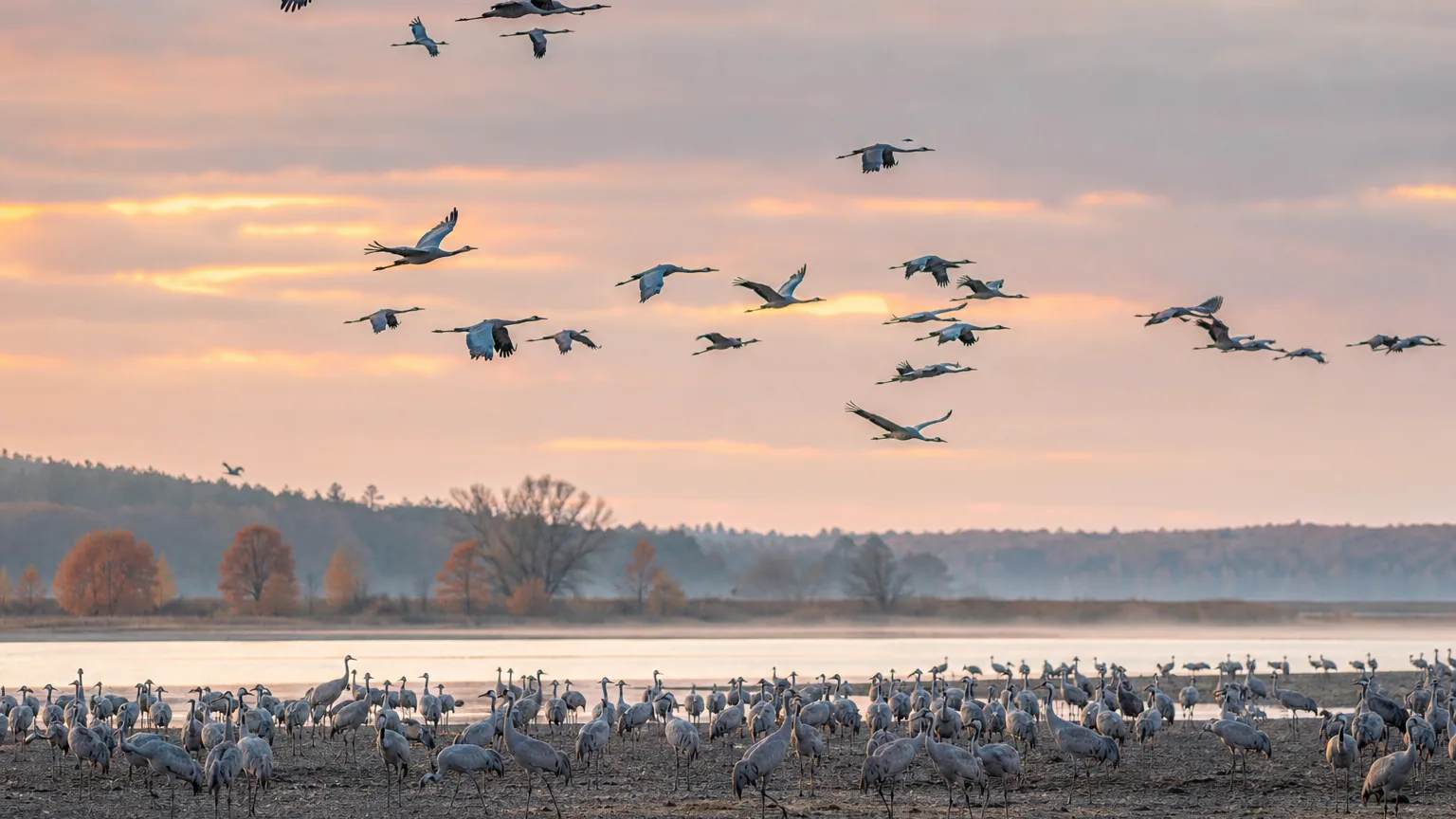 Centaines de grues cendrées posées sur la rive d'un grand lac au lever du jour en automne, d'autres arrivant en vol dans un ciel rosé.