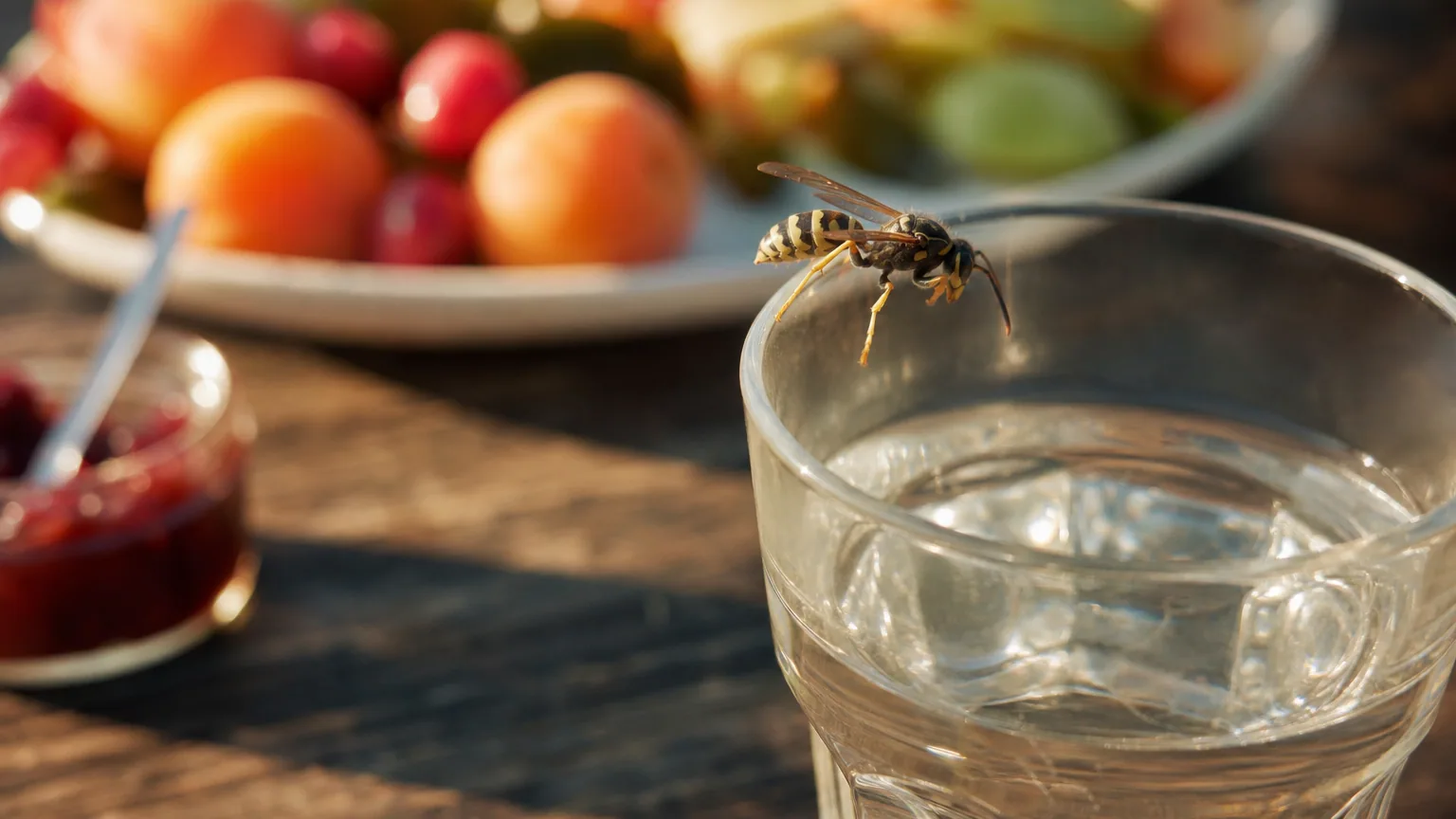 Gros plan d'une guêpe posée sur le bord d'un verre et une assiette de fruits sur une table de terrasse en plein été, ailes et rayures jaune et noir nettement détaillées.