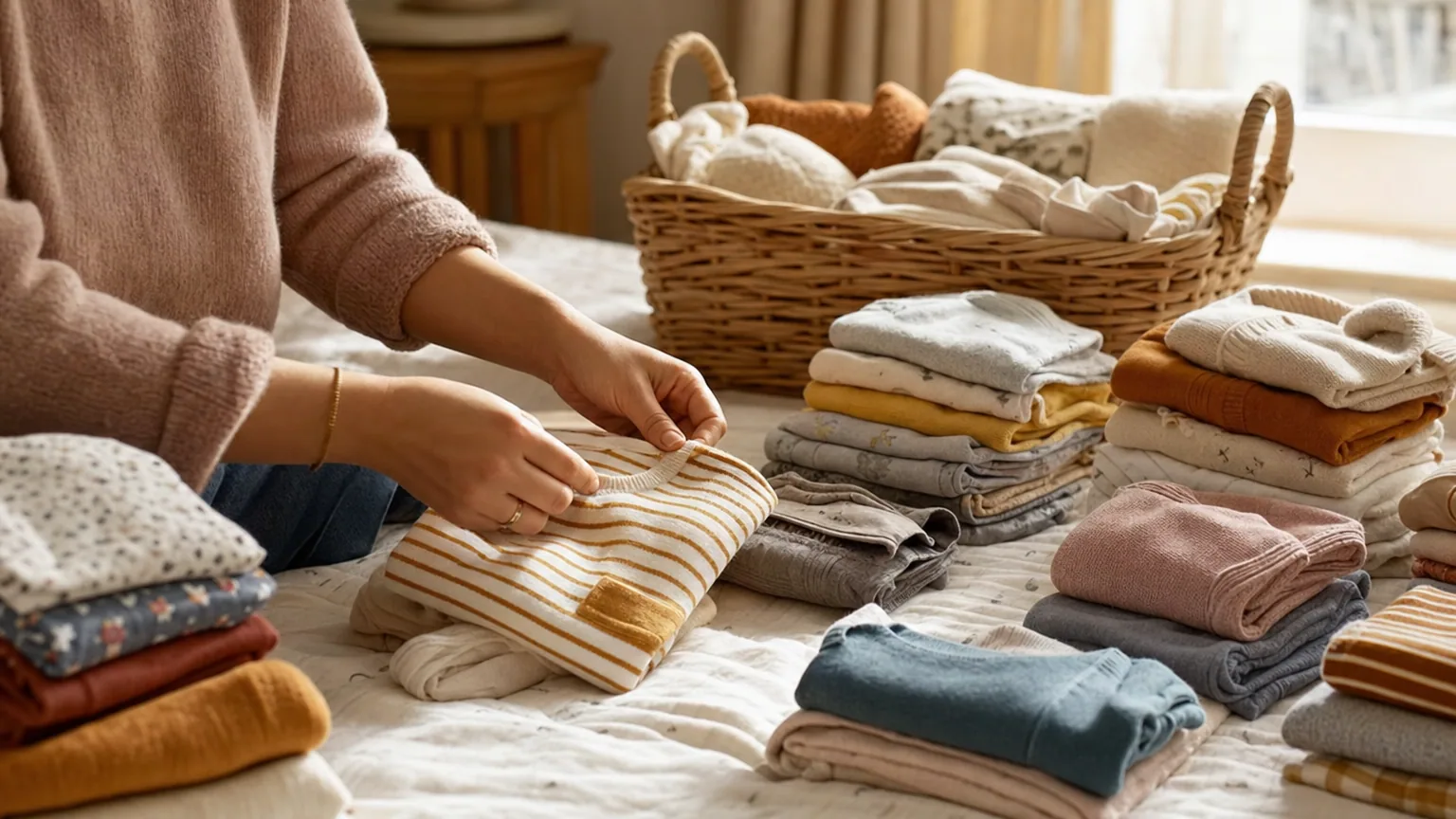 Petits vêtements d'enfant d'occasion pliés en piles colorées sur un lit clair, à côté d'un panier en osier, dans la lumière douce du matin.