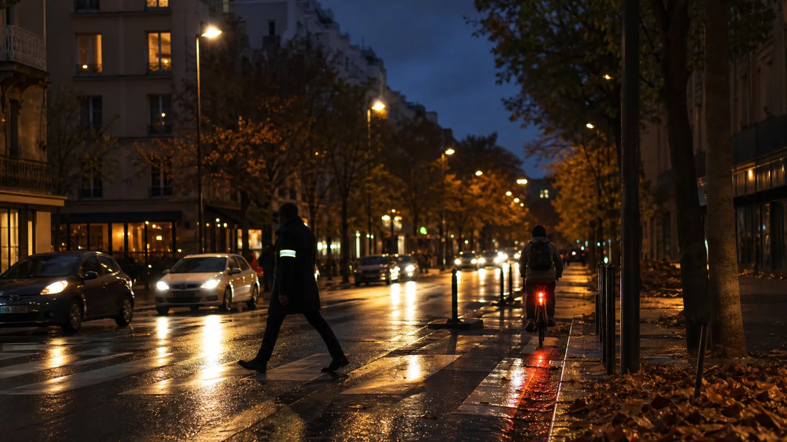 Piéton portant un brassard réfléchissant traversant un passage piéton en ville à la tombée de la nuit en automne, éclairé par les phares d'une voiture.