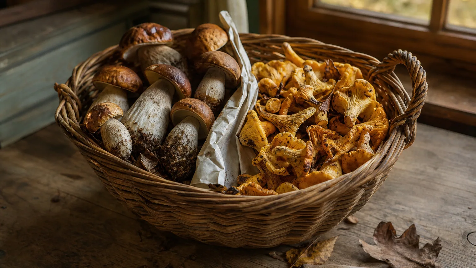 Panier en osier rempli de champignons sauvages entiers, triés par espèce, posé sur une table de cuisine en bois en automne.