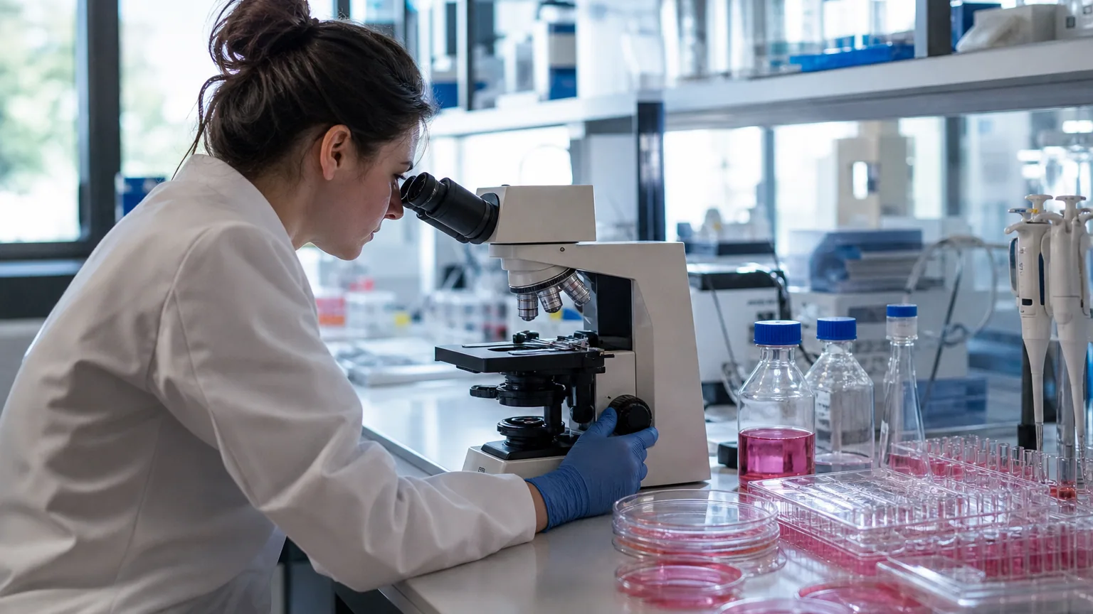 Chercheuse observant des cultures cellulaires au microscope dans un laboratoire, des boîtes de Petri posées sur la paillasse.