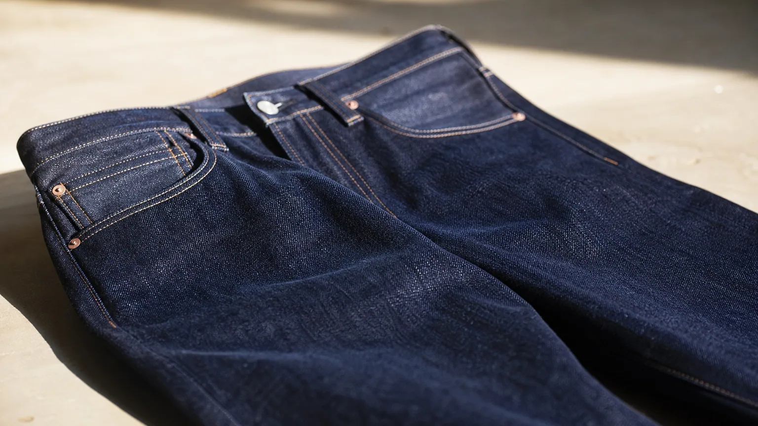 Jean bleu foncé neuf posé à plat, gros plan sur le tissage du denim, lumière naturelle qui souligne la texture des fibres teintes.