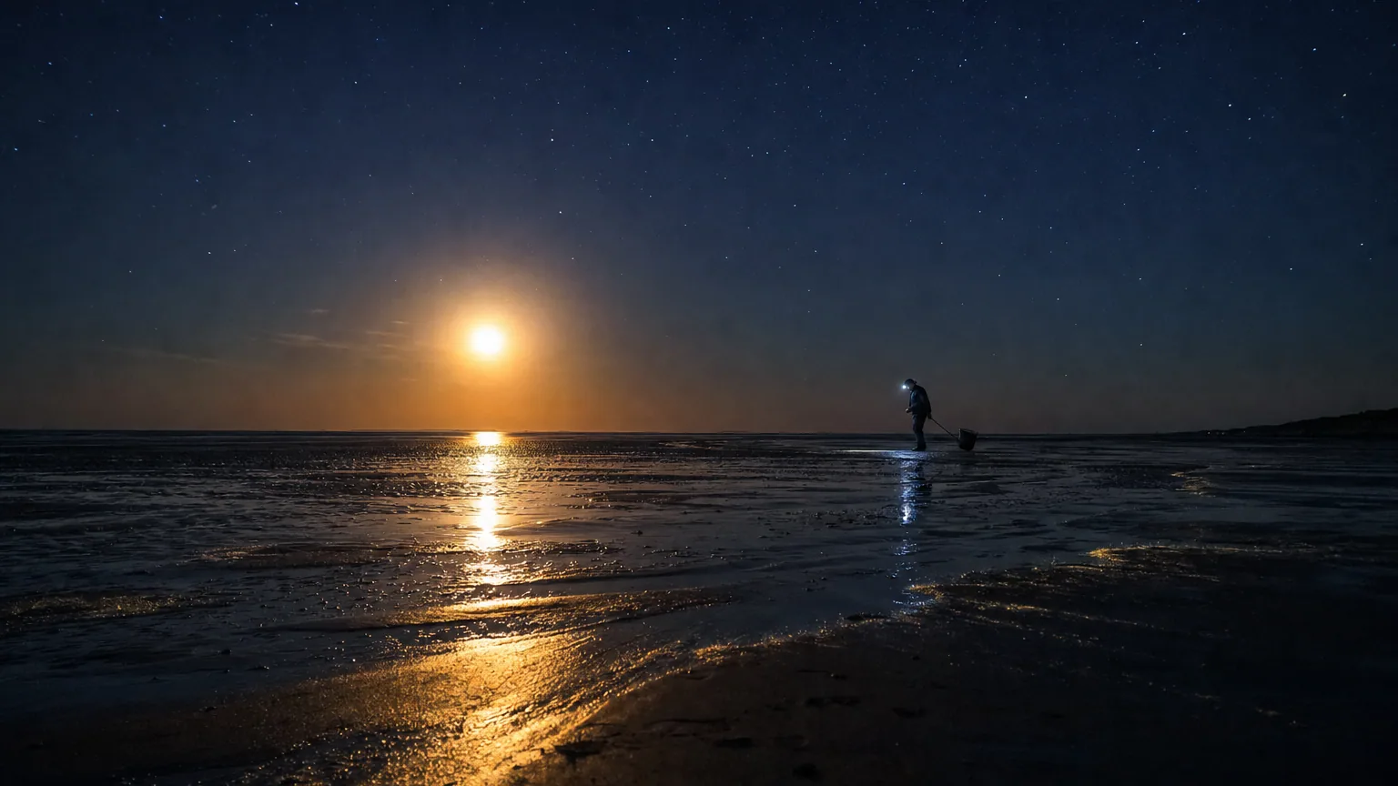 Plage à marée basse sous une pleine lune basse, étendues de sable humide reflétant la lumière lunaire.