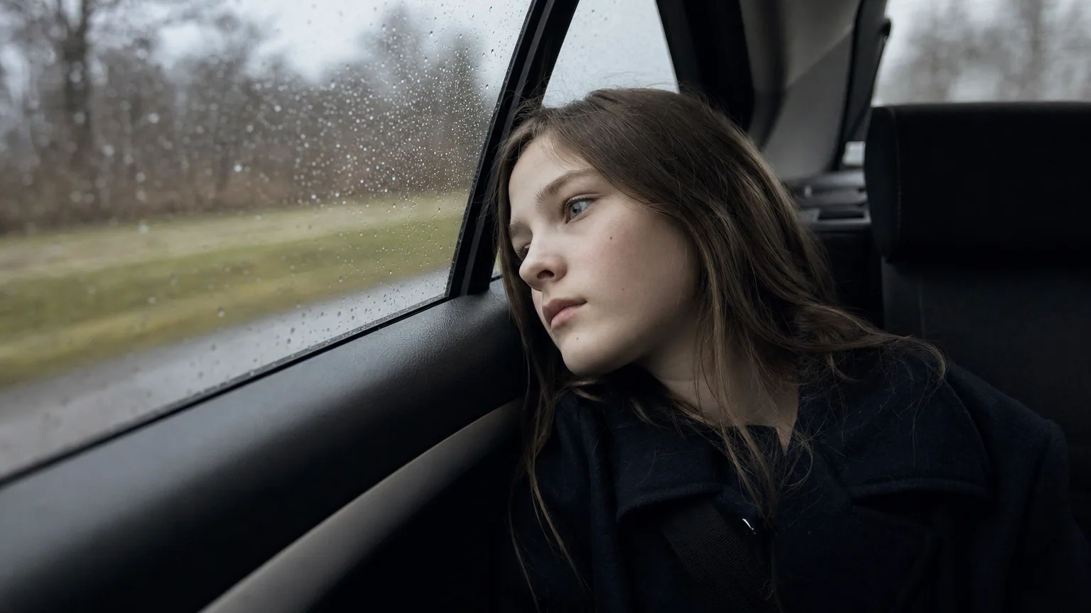 Une passagère à l'arrière d'une voiture appuie son front contre la vitre et fixe le paysage qui défile sous la pluie.