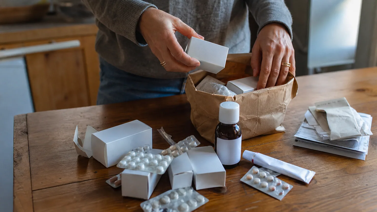Mains triant des boîtes et plaquettes de médicaments sortis d'une armoire à pharmacie, posés sur une table avec un sac en papier.