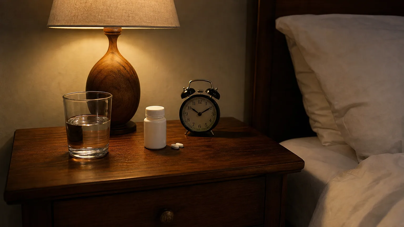 Table de nuit éclairée par une lampe de chevet, avec un verre d'eau, un flacon de comprimés sans étiquette et un réveil, dans une chambre plongée dans la pénombre.