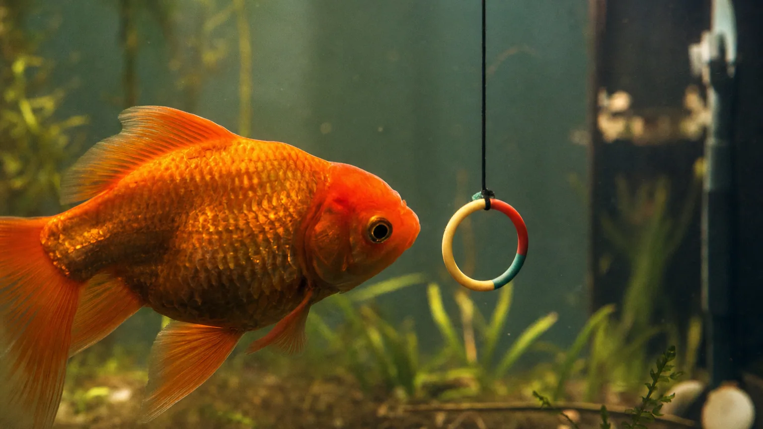 Un poisson rouge nage vers un anneau coloré immergé dans un grand aquarium planté, éclairé par une lumière naturelle.