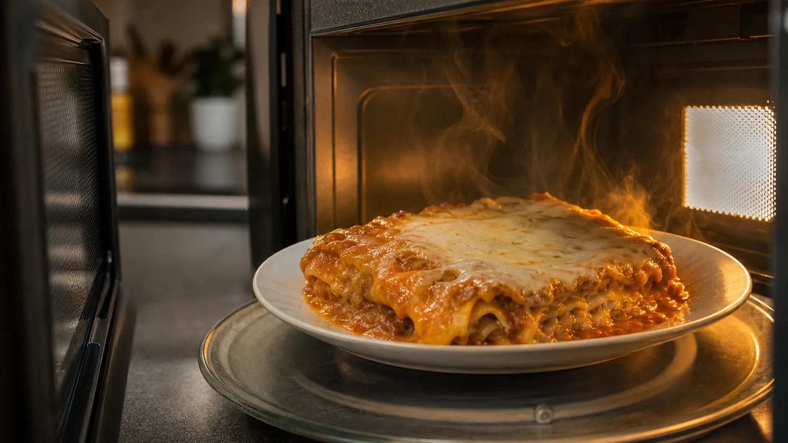 Portion de lasagnes fumante et gratinée sur une assiette posée sur le plateau tournant d'un micro-ondes ouvert.