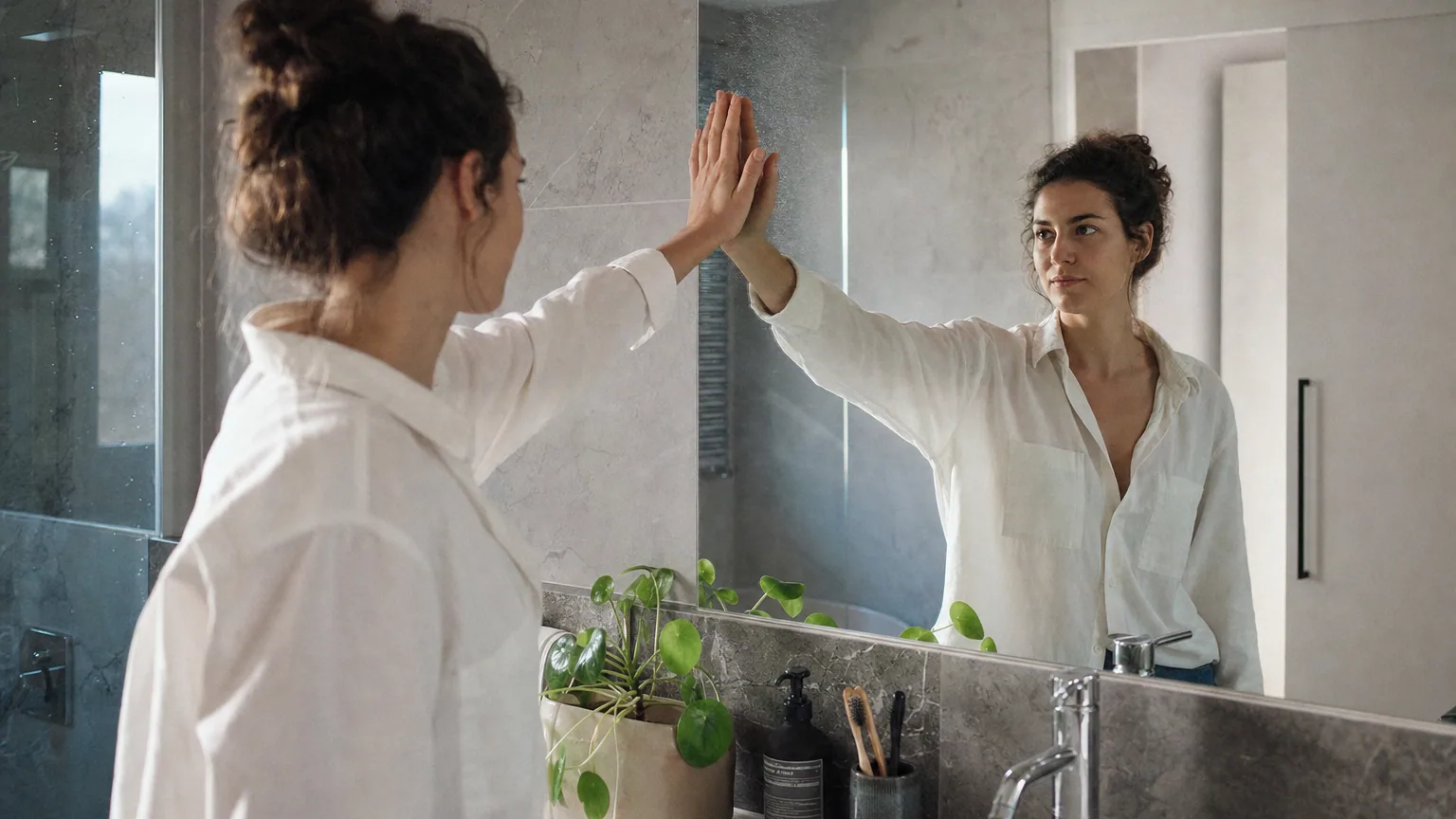 Une personne lève la main devant un miroir de salle de bains et son reflet lève la main opposée.