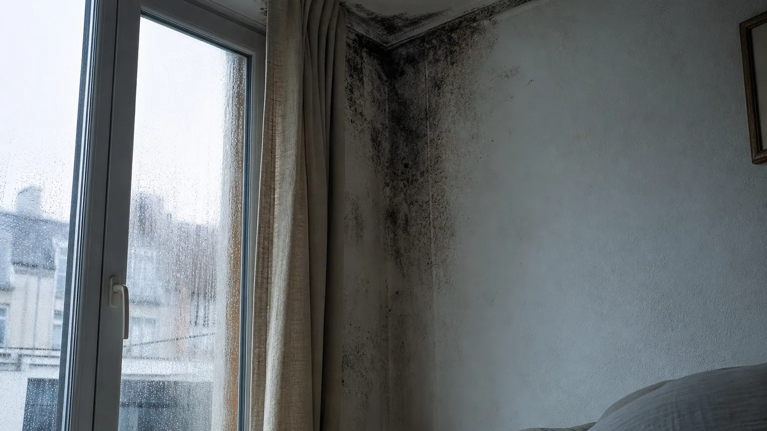 Angle de mur intérieur blanc taché de moisissures noires près d'une fenêtre embuée, dans un appartement en hiver.