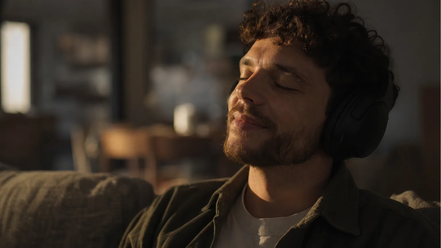Adulte souriant les yeux fermés qui écoute de la musique au casque, lumière chaleureuse de fin de journée.