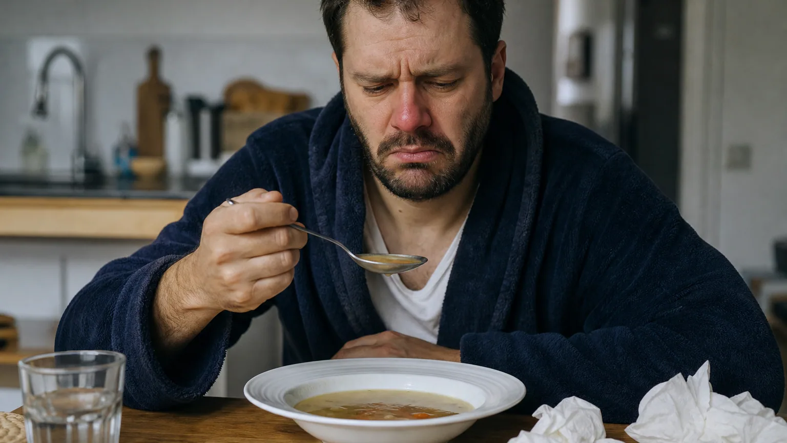Personne enrhumée qui goûte une soupe chaude avec une expression déçue, mouchoirs sur la table, lumière naturelle d'intérieur.