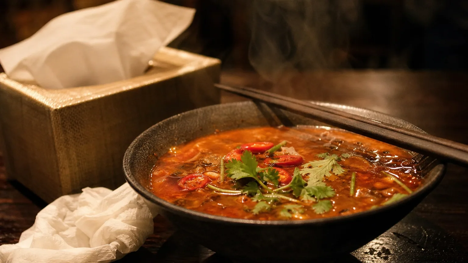Bol de soupe épicée fumante garnie de piments rouges et de coriandre, avec des mouchoirs en papier posés à côté sur une table en bois.