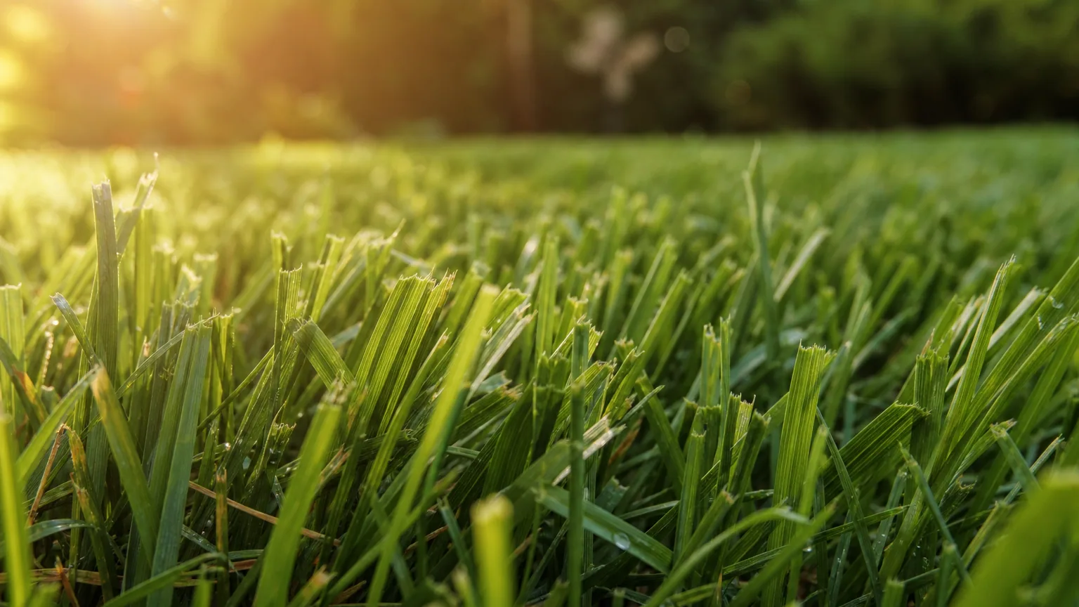 Gros plan sur de l'herbe fraîchement tondue d'un vert éclatant, brins coupés net et fines gouttelettes de sève, lumière dorée de fin d'après-midi d'été.