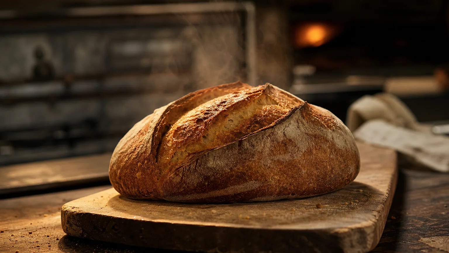 Pain frais tout juste sorti du four sur une planche en bois, vapeur visible, lumière chaude de boulangerie.