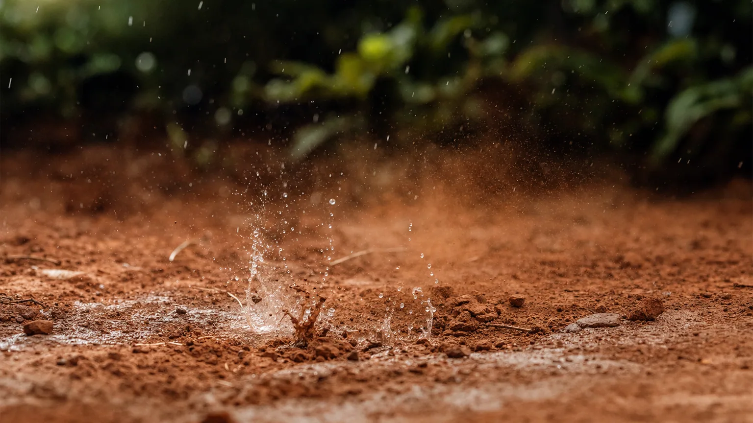 Premières gouttes de pluie d'orage éclaboussant un sol de terre sèche et craquelée, soulevant une fine poussière.