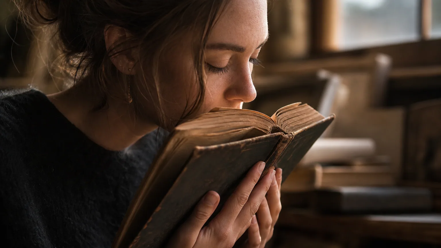 Une femme ferme les yeux en respirant le parfum d'un vieux livre ouvert, baignée par la lumière chaude d'une fin d'après-midi.