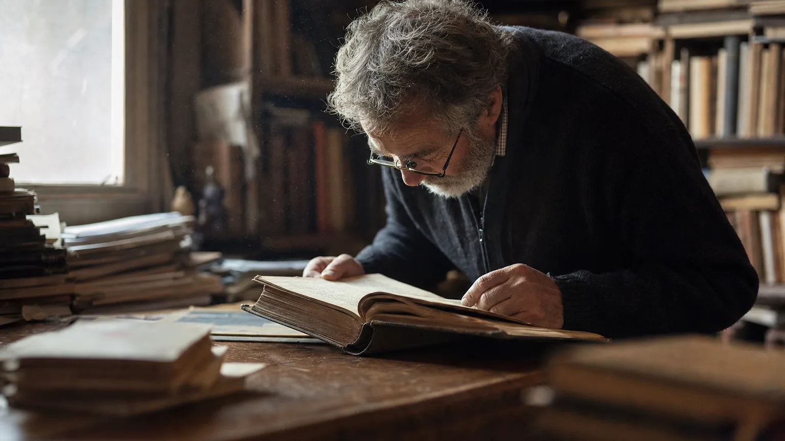 Un libraire approche son visage d'un vieux livre ouvert dans une boutique aux étagères chargées d'ouvrages anciens.