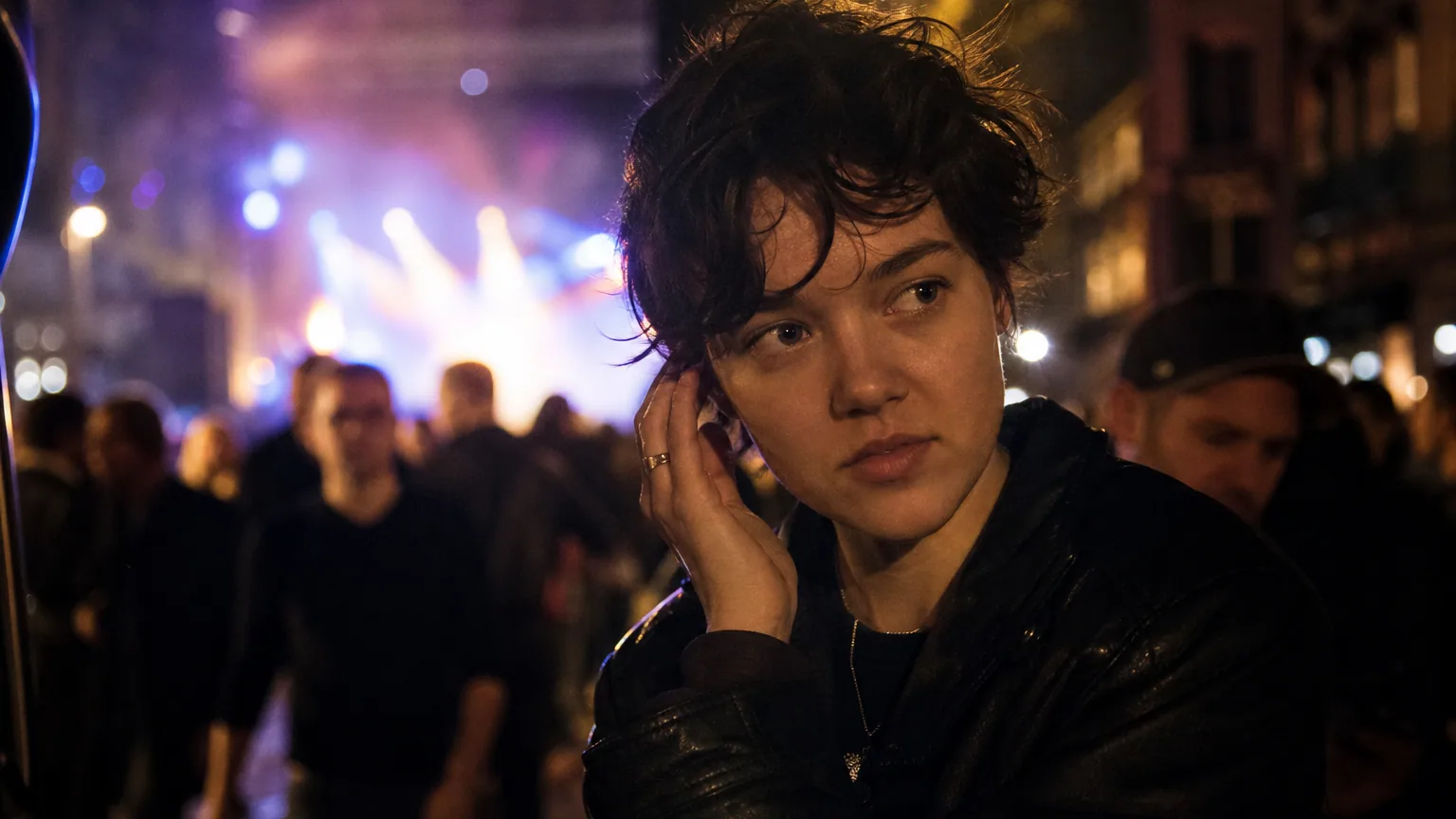 Jeune personne sortant d'un concert de nuit, main portée près de l'oreille, lumières de scène floues en arrière-plan.