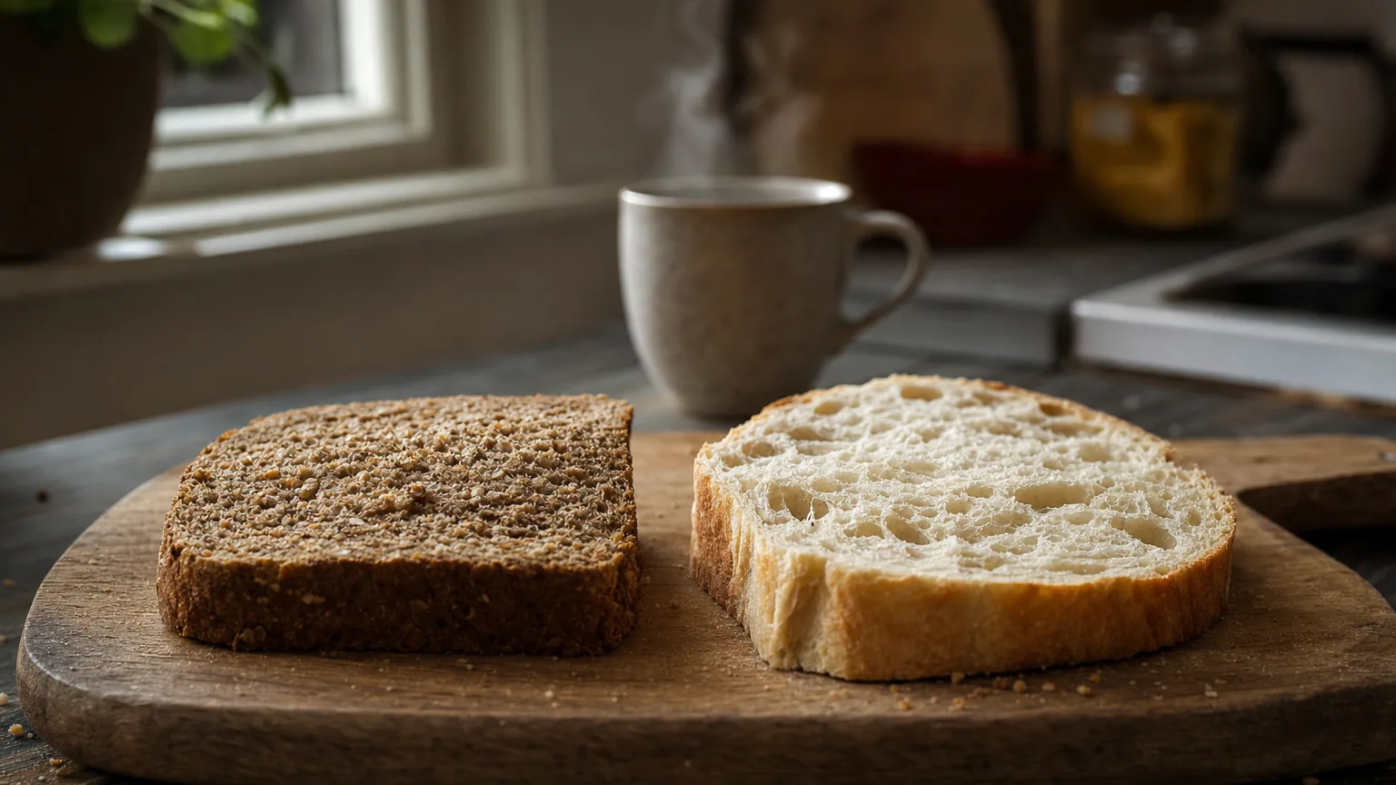 Deux tranches de pain, l'une complète et dense, l'autre blanche et alvéolée, posées sur une planche en bois dans une cuisine éclairée par la lumière du matin.