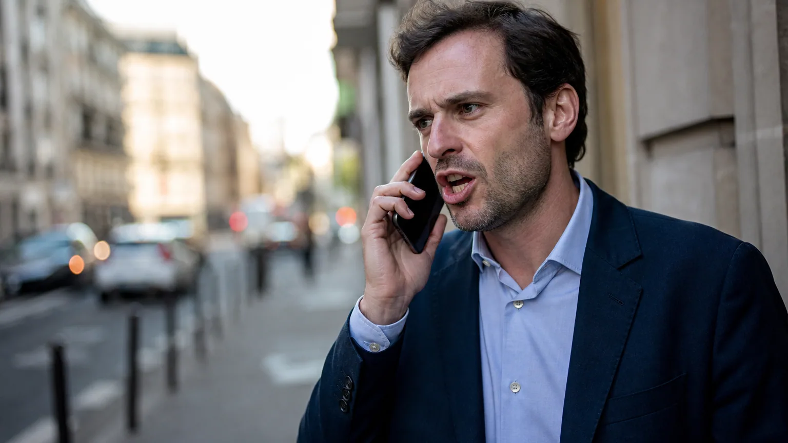 Personne dans la rue qui parle au téléphone en haussant la voix, expression concentrée, lumière naturelle urbaine.