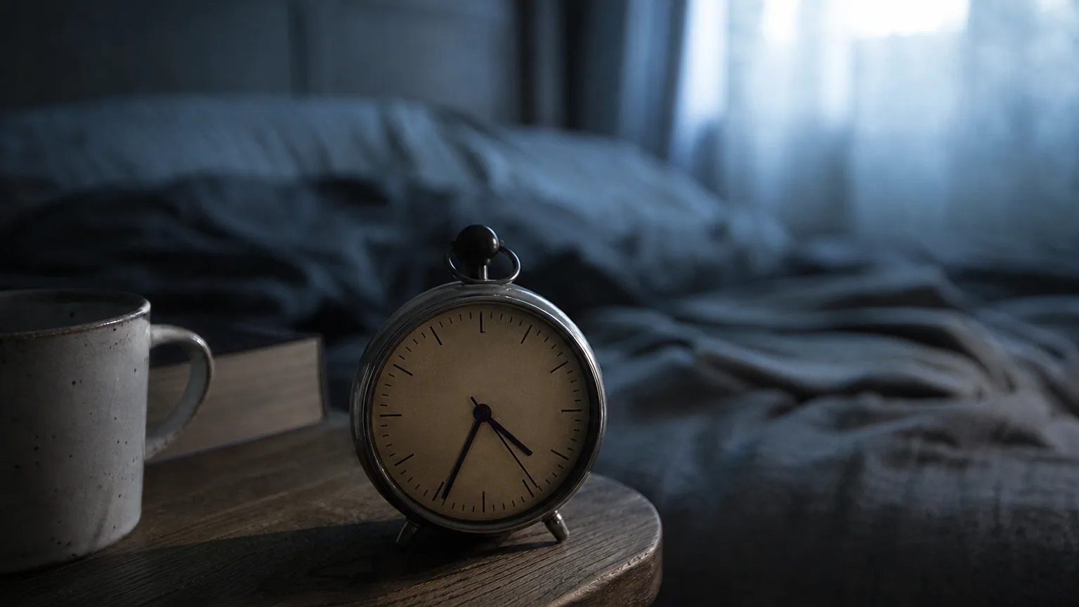 Réveil analogique posé sur une table de nuit dans une chambre plongée dans la pénombre d'un petit matin d'automne, lumière bleutée à la fenêtre.