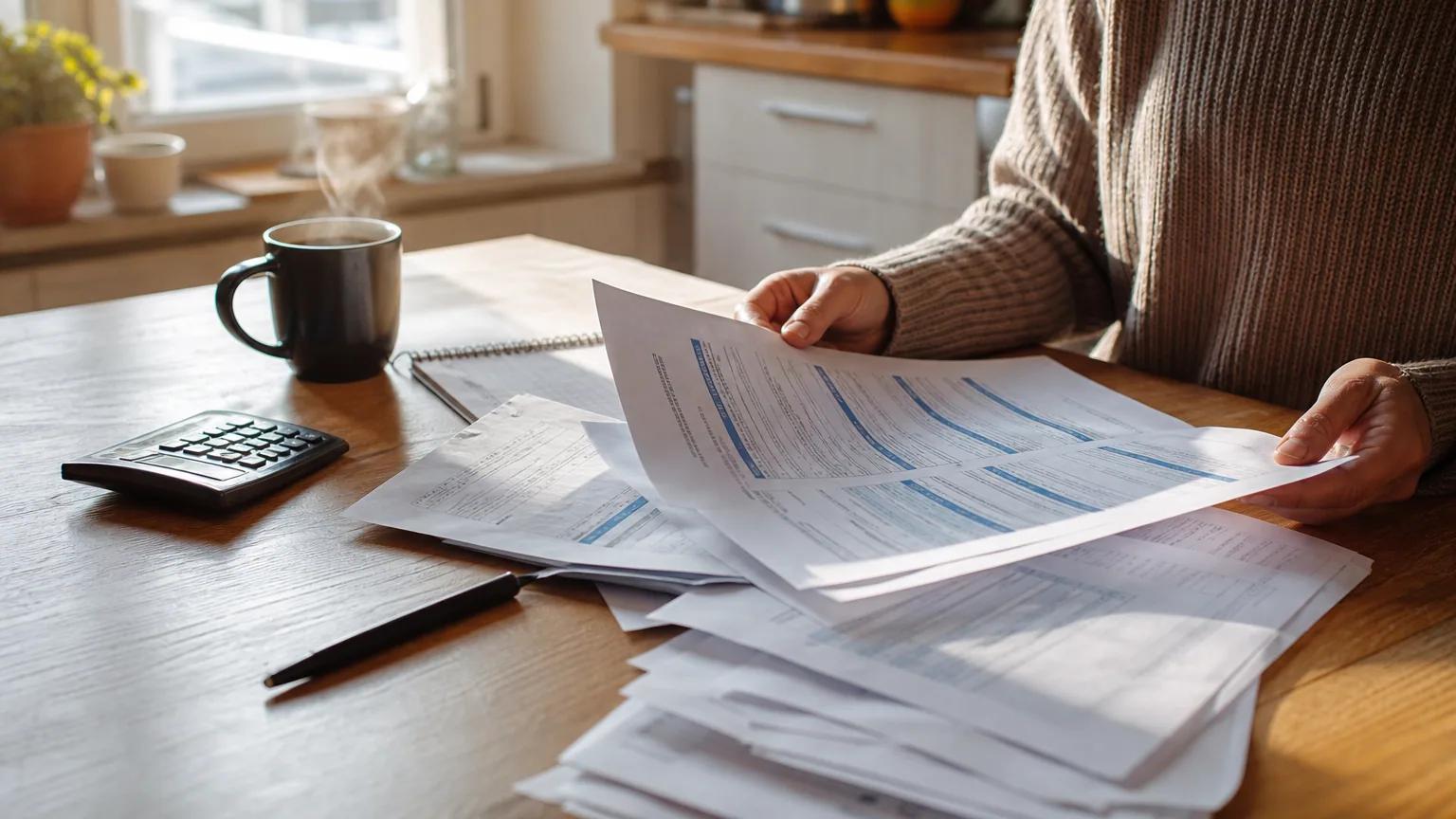Plusieurs contrats d'assurance papier étalés et se chevauchant sur une table de cuisine, à côté d'une tasse de café, d'une calculatrice et d'un stylo, dans la lumière du matin.