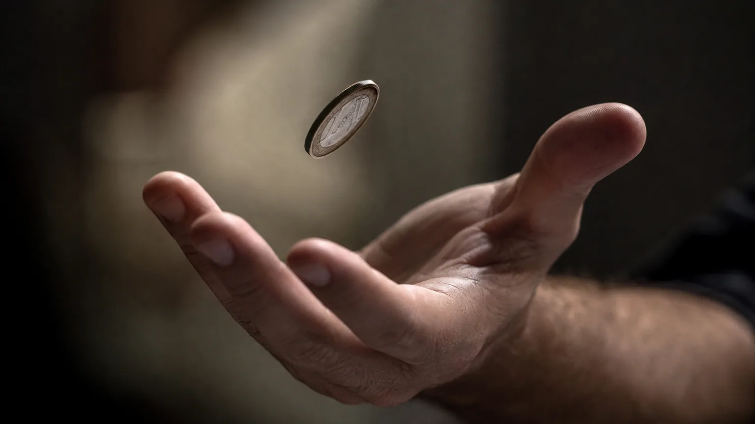 Pièce de monnaie figée en plein vol au-dessus d'une main ouverte, lumière naturelle contrastée, gros plan net sur la pièce.