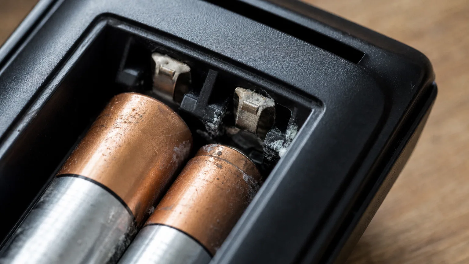 Compartiment à piles ouvert d'une télécommande, piles alcalines avec des traces de corrosion blanche visibles, lumière naturelle rapprochée.