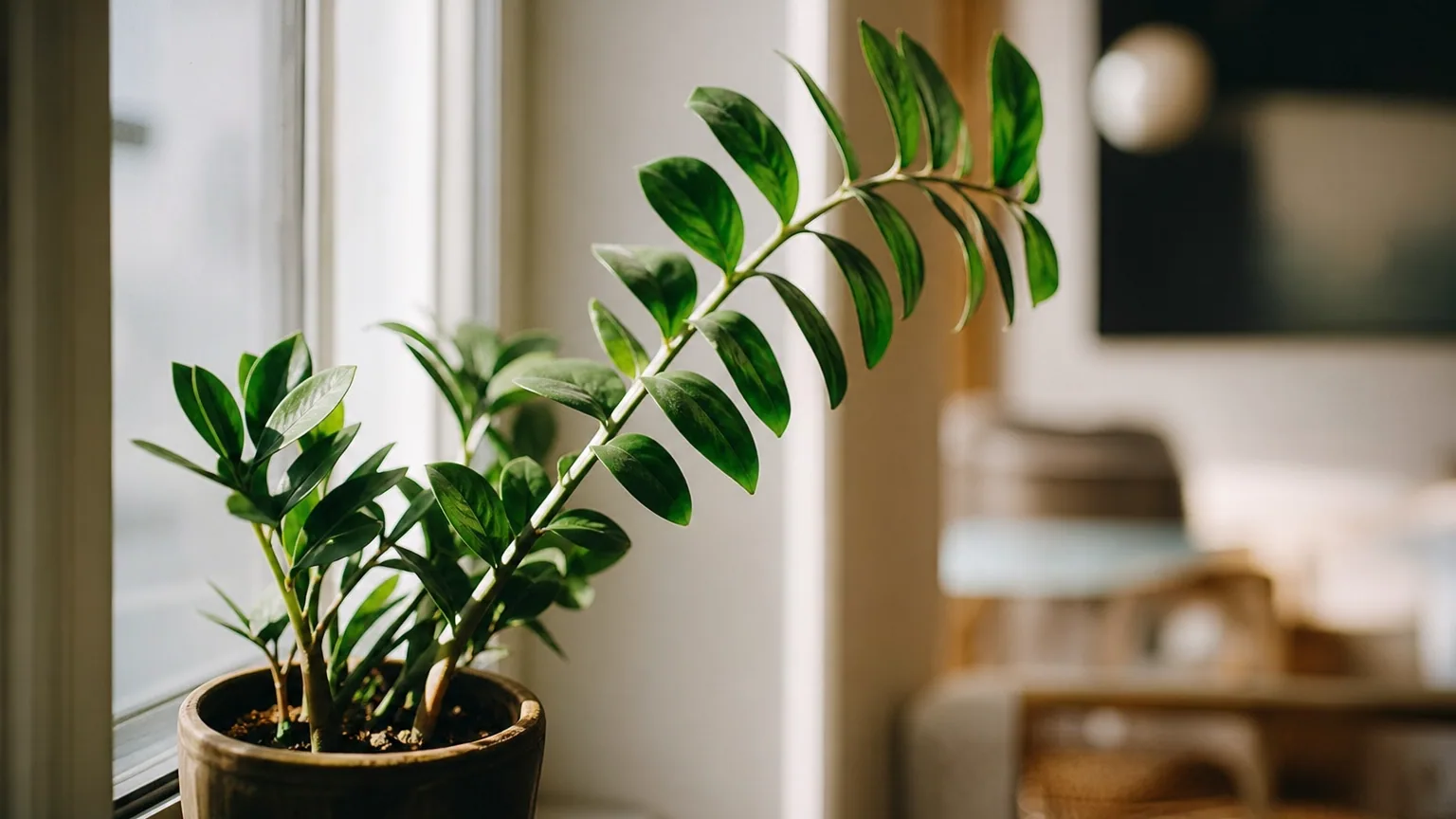 Plante verte en pot sur un rebord de fenêtre, tige inclinée vers la lumière du jour, feuillage détaillé sous un éclairage naturel doux.