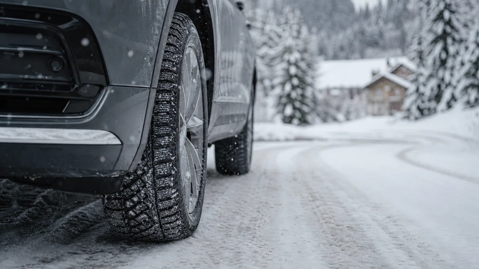 Voiture équipée de pneus hiver roulant sur une route de montagne enneigée bordée de sapins, sous un ciel gris d'hiver.