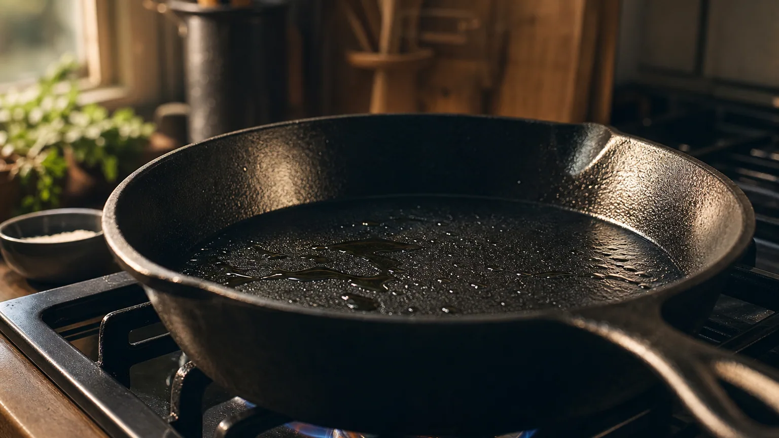 Poêle en fonte noire et brillante posée sur une cuisinière, avec un filet d'huile qui luit à sa surface sous une lumière chaude de cuisine.