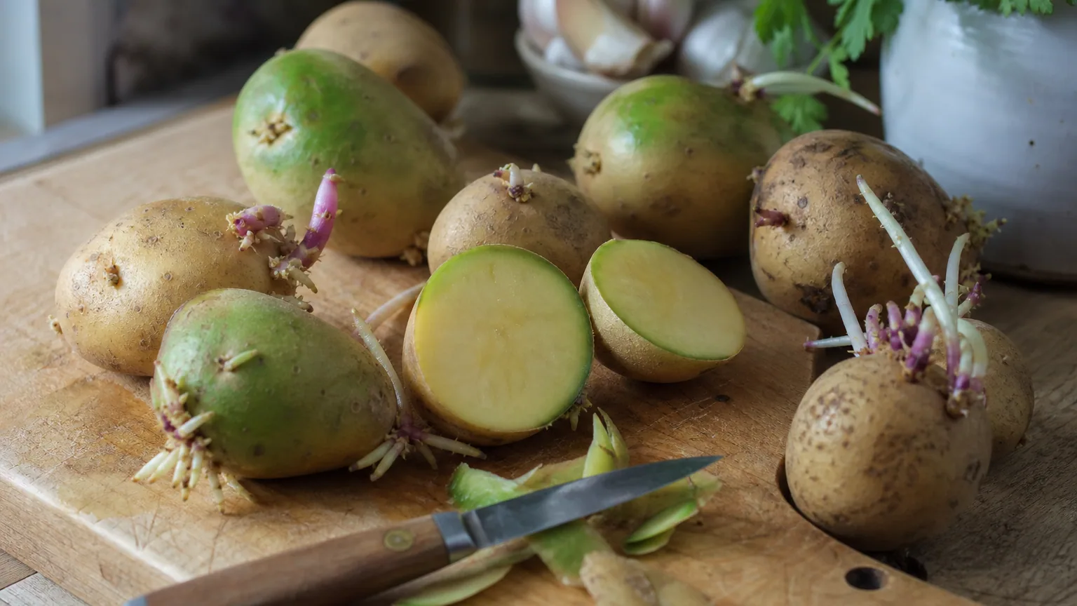 Pommes de terre sur une planche en bois, dont certaines présentent des zones vertes et de longs germes, à côté d'un couteau d'office.