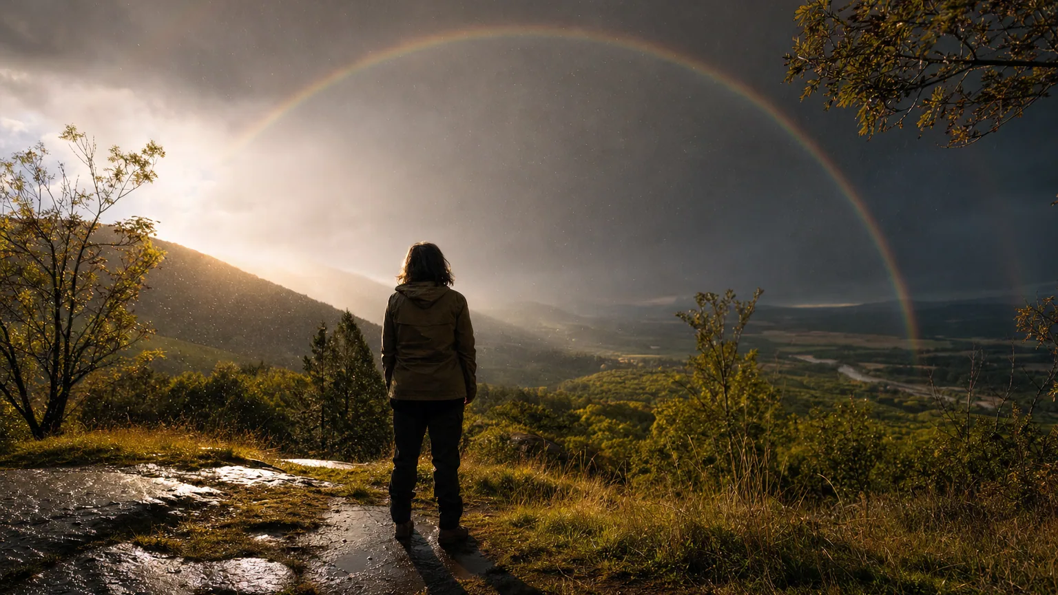 Une personne de dos au soleil observe un arc-en-ciel courbé au-dessus d'une vallée mouillée après l'averse.