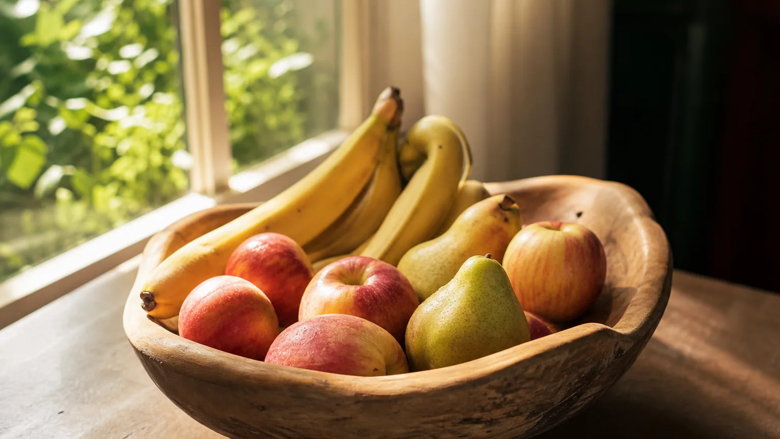 Une corbeille en bois où des bananes mûres côtoient pommes et poires près d'une fenêtre lumineuse.